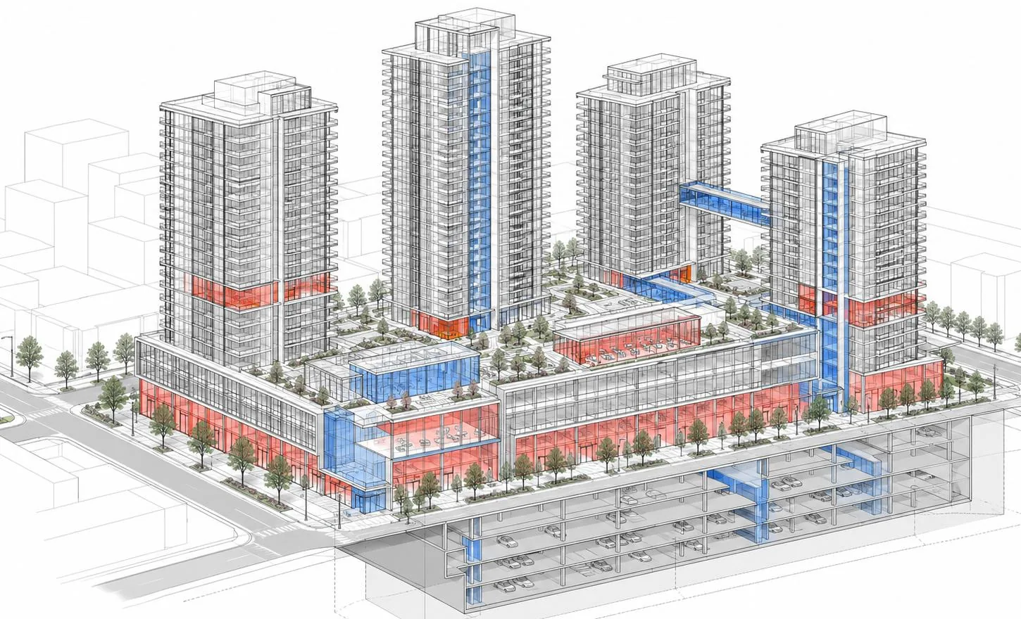 Illustrative cutaway massing: four residential towers on a landscaped deck over a red commercial podium and multi-level parking.
